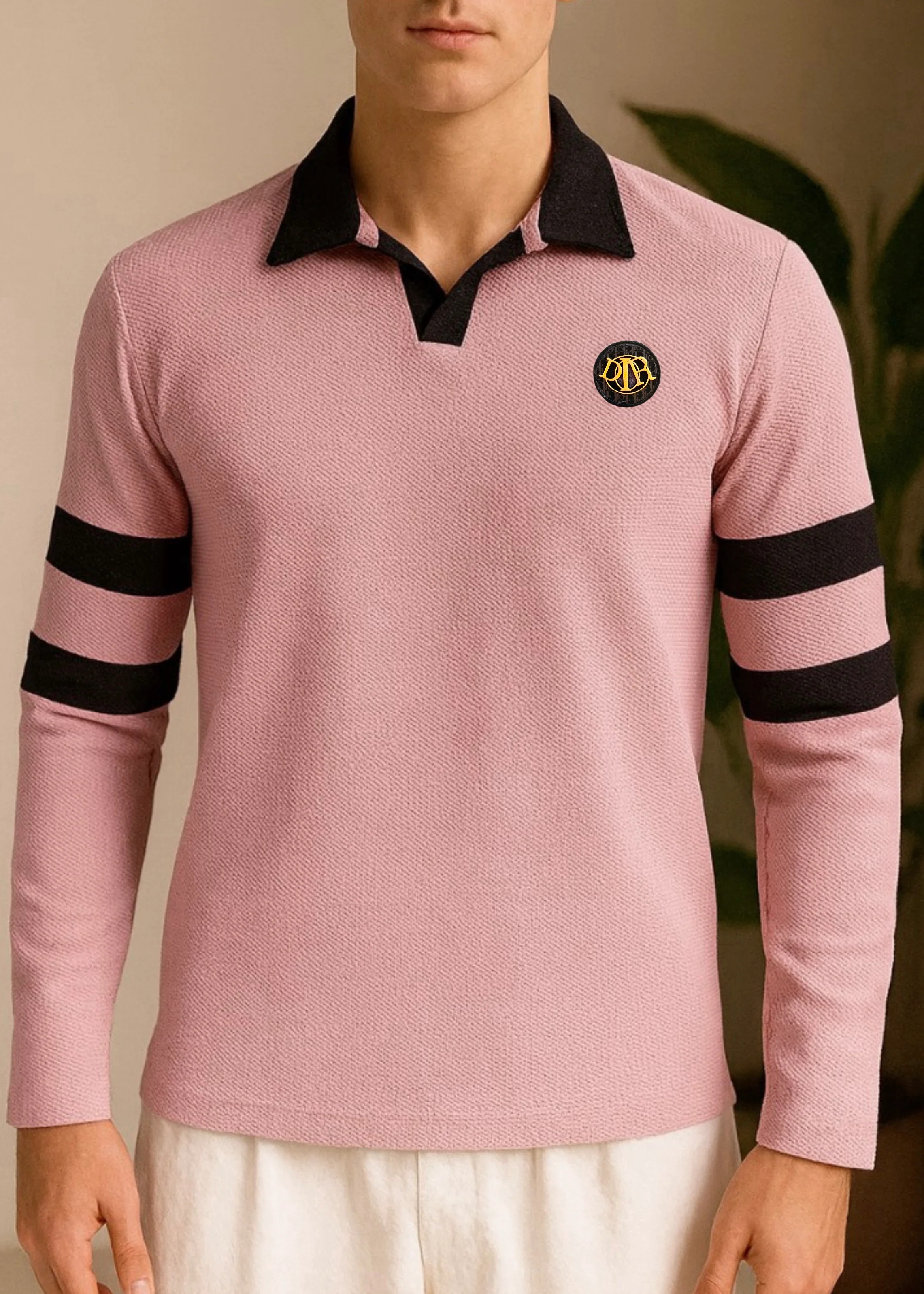 Textured LIGHT ROSE Polo with Dual Sleeve Stripes